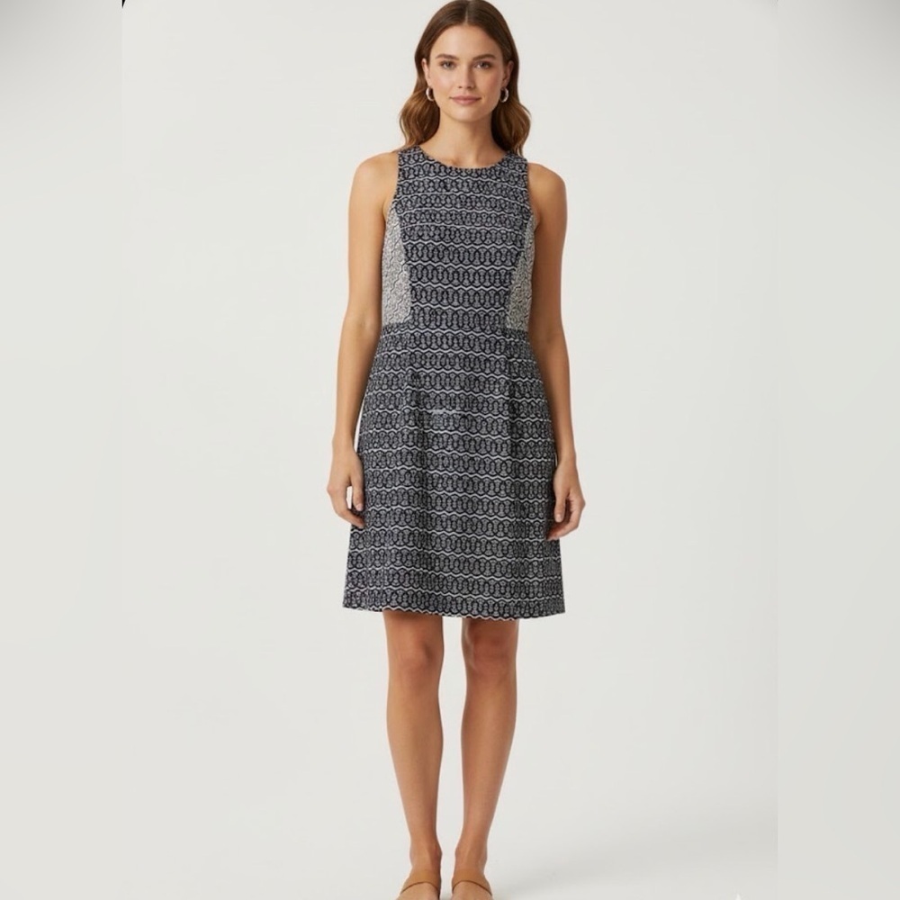 LOFT Pleaded Shift Midi Navy and Cream Geometric Dress Sz 10 - Picture 1 of 7